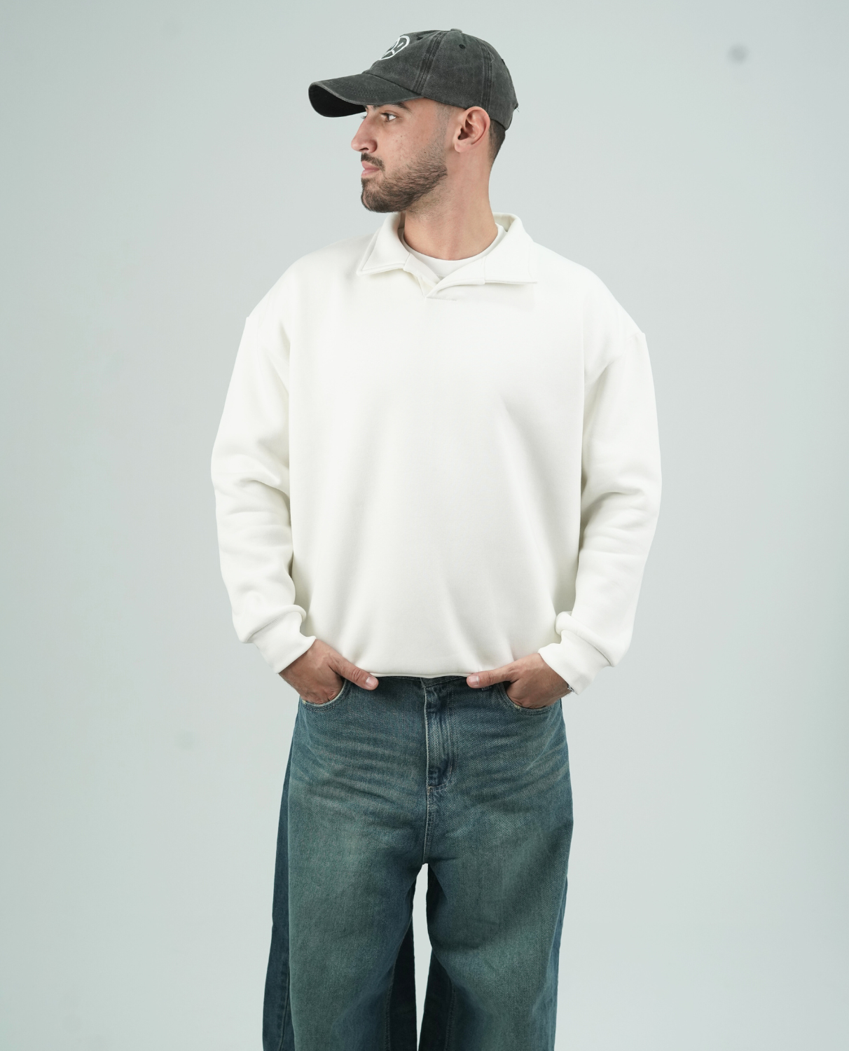 Unisex Plain Off-white polo sweater