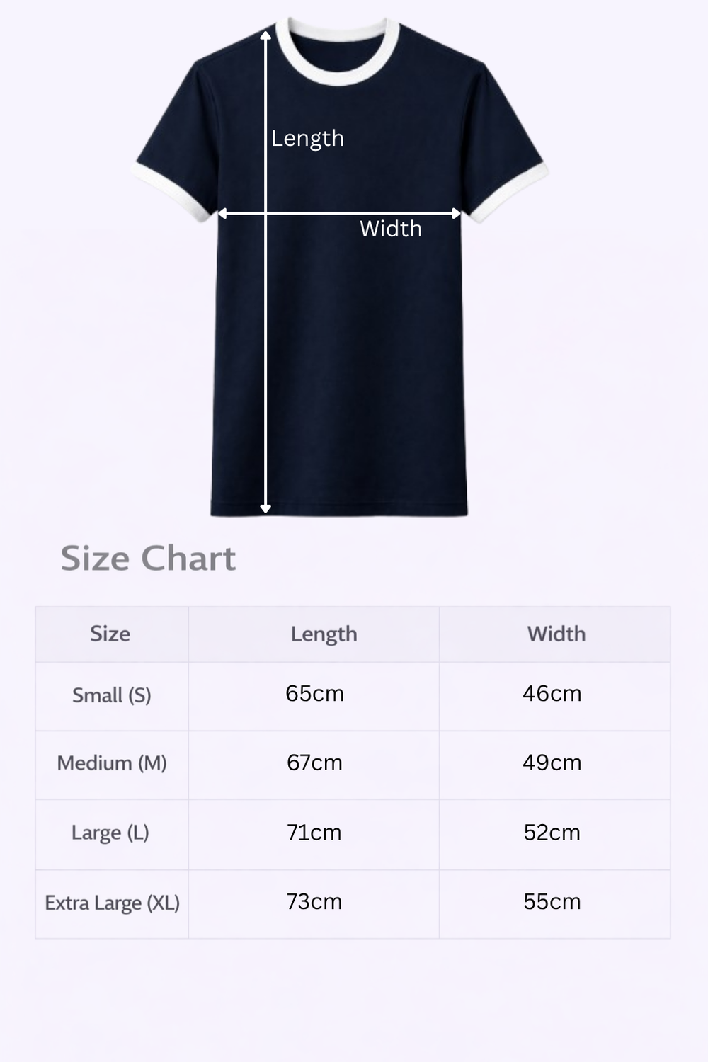 Size chart for Green Ringed Shirt: length and width in cm, sizes S to XL