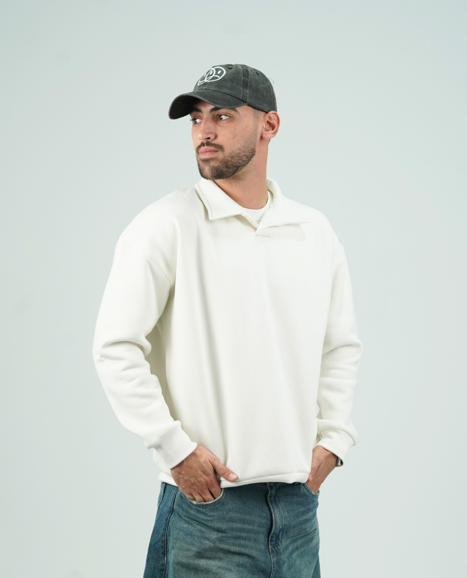 Unisex Plain Off-white polo sweater