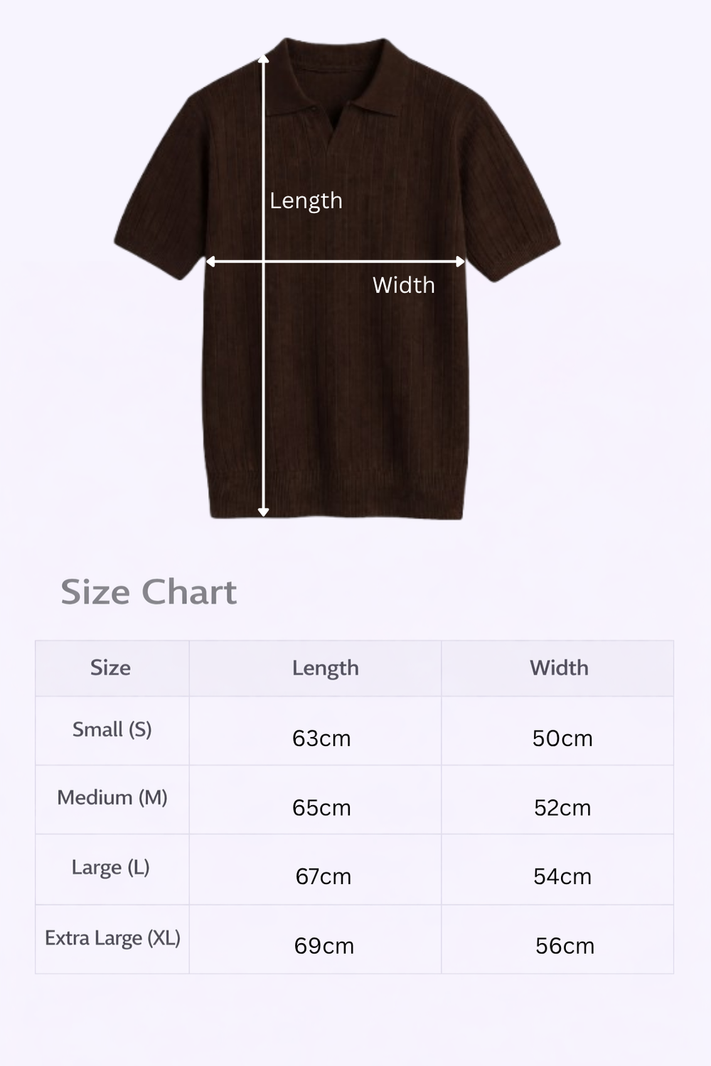 Size chart for Knitted Dark Brown Polo Shirt: length and width in cm, sizes S to XL