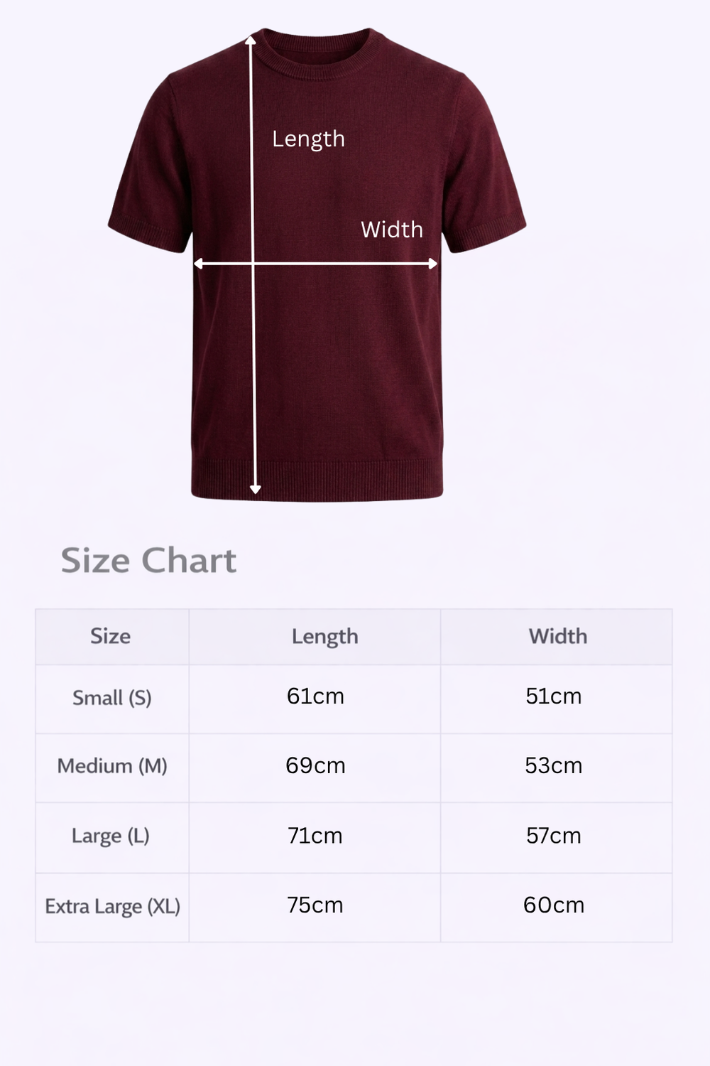 Size chart for Dusty Rose Knitted Shirt: length and width in cm, sizes S to XL