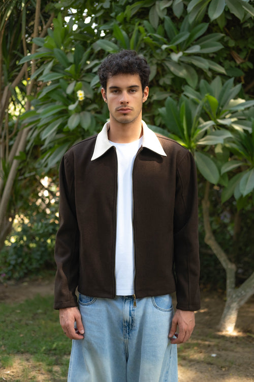 Boxy Dark Brown Wool Jacket with cream collar, front view on model