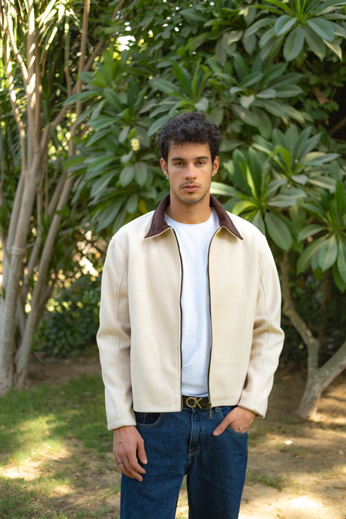 Boxy Pearl Cream Wool Jacket with brown collar, front view on model